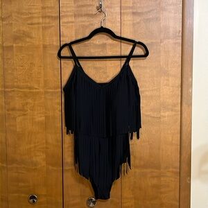 Sexy black fringe one-piece bathing suit.